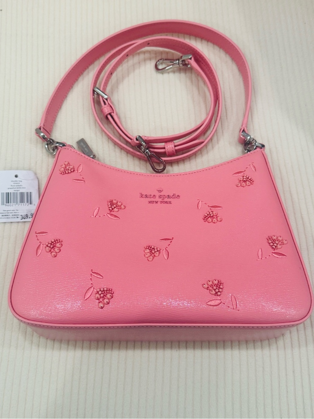 kate spade New Pink Embossed Floral Beaded Leather shoulder bag Crossbody strap - Picture 6 of 11